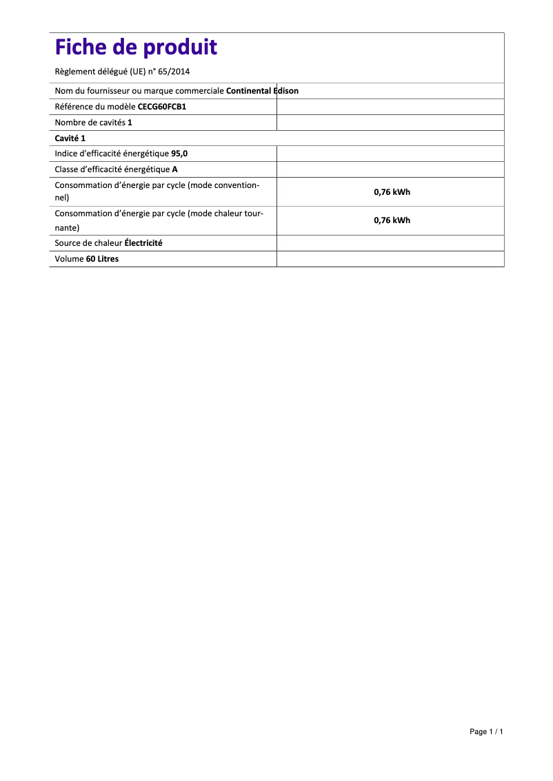 Page n°1 - Label énergétique Continental Edison CECG60FCS1