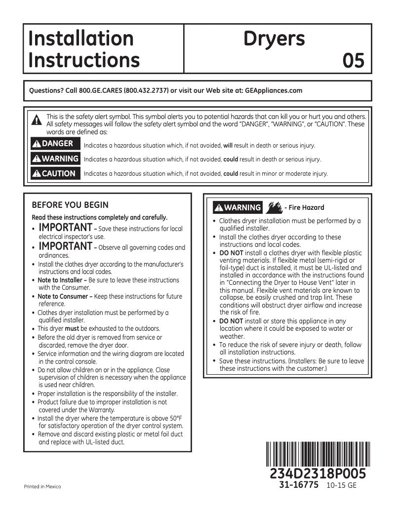 First page image of the manual for GTD33EASKWW