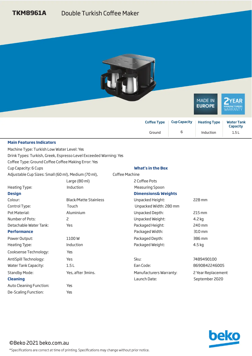 Page 1 de la notice Fiche technique Beko TKM 8961 A