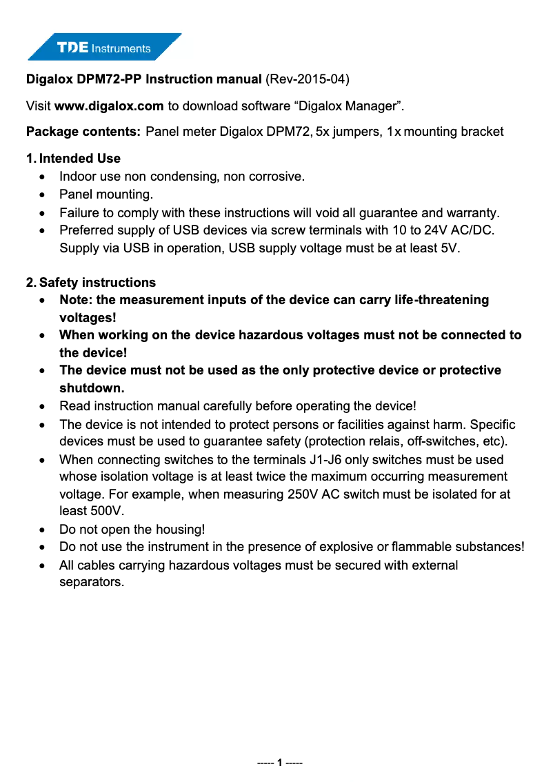 Page n°1 - Manuel utilisateur TDE Instruments Digalox DPM72-PP