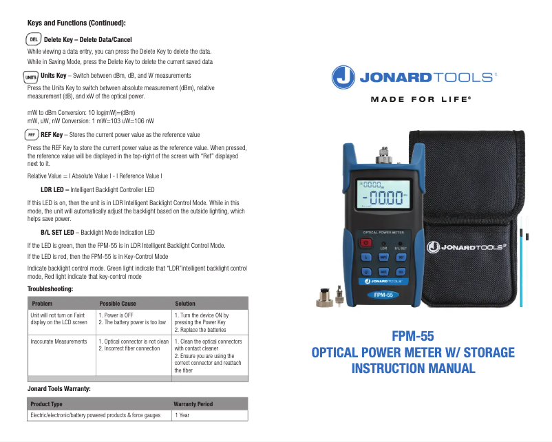 Page 1 de la notice Manuel utilisateur Jonard Tools FPM-55