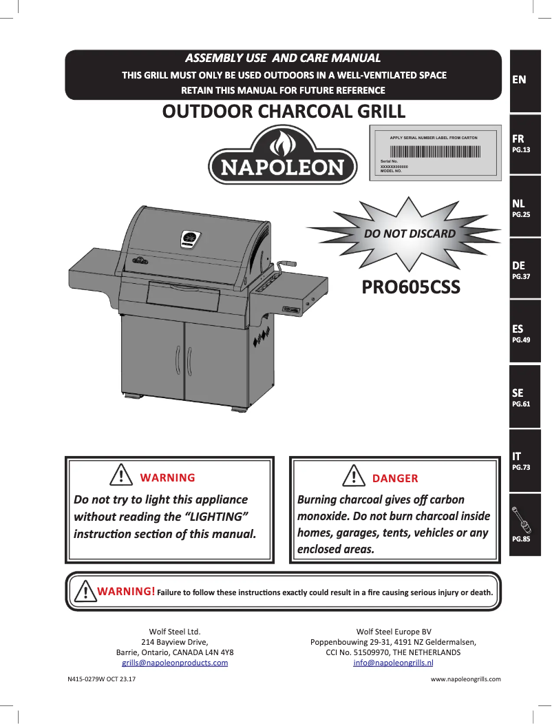 Page 1 de la notice Manuel utilisateur Napoleon PRO 605CSS