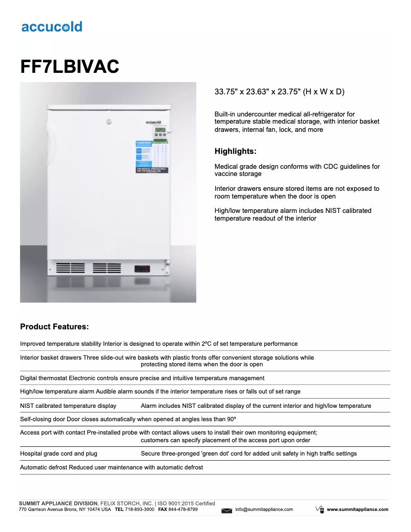 Page 1 de la notice Fiche technique Summit Accucold FF7LBIVAC