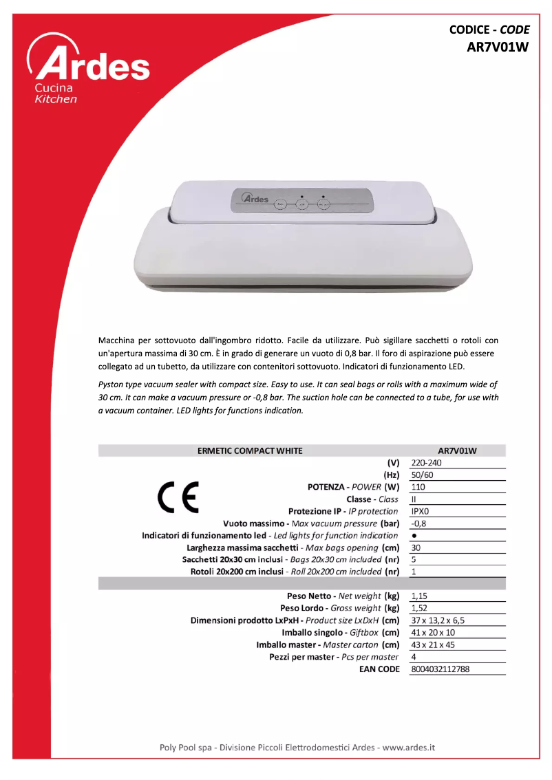 Page n°1 - Fiche technique Ardes AR7V01W