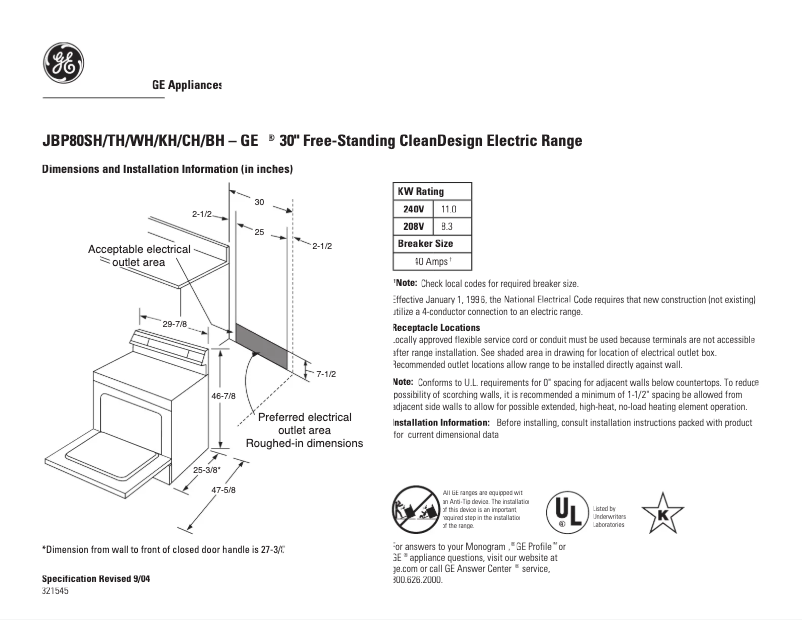 Page n°1 - Fiche technique GE JBP80CHCC