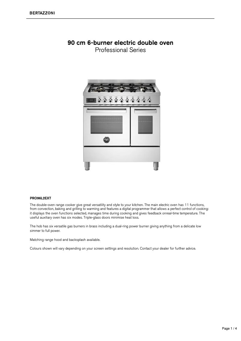 Page 1 de la notice Fiche technique Bertazzoni PRO96L2EXT