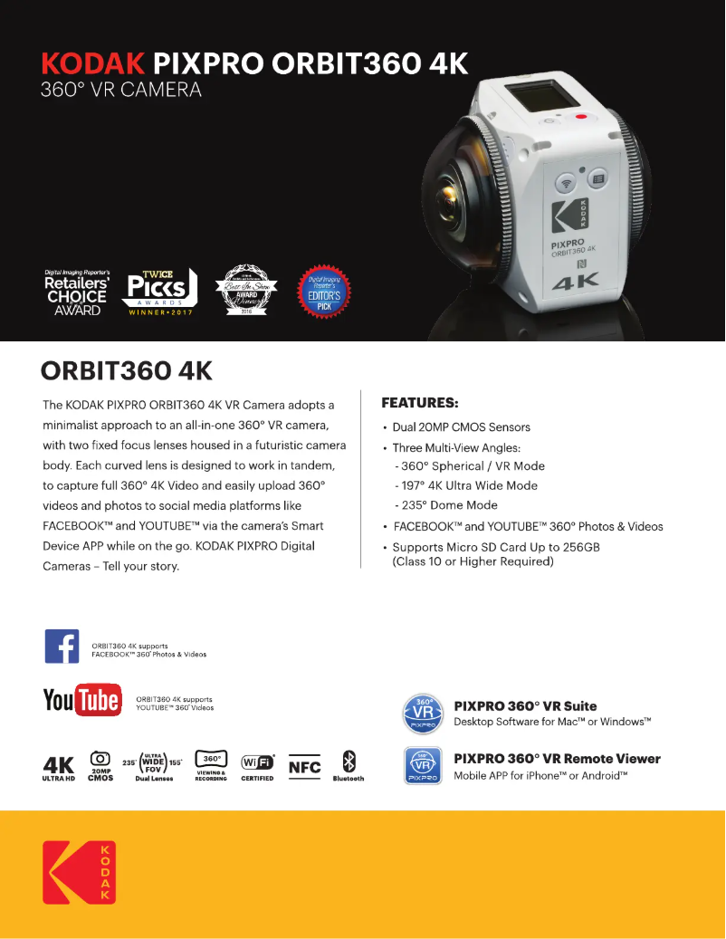Page 1 de la notice Fiche technique Kodak Pixpro Orbit360 4K