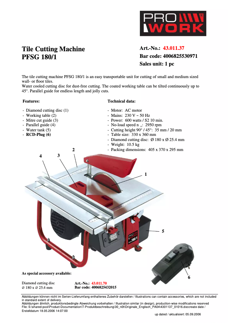 Page 1 de la notice Manuel utilisateur Prowork PFSG 180/1