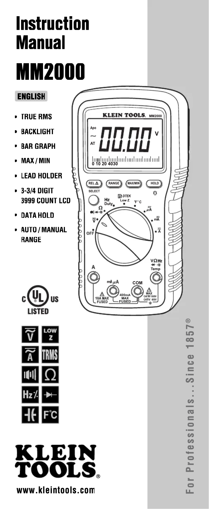 Page 1 de la notice Manuel utilisateur Klein Tools MM2000