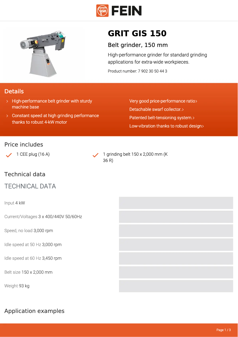 Page n°1 - Fiche technique Fein GRIT GIS 150