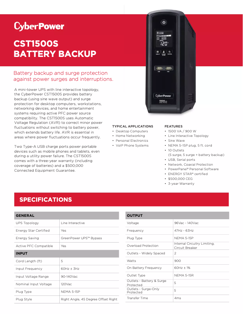 Page 1 de la notice Fiche technique CyberPower CST1500S