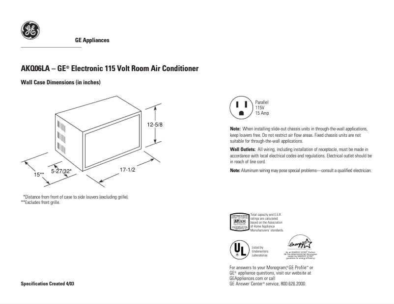 Page n°1 - Fiche technique GE AKQ06LA