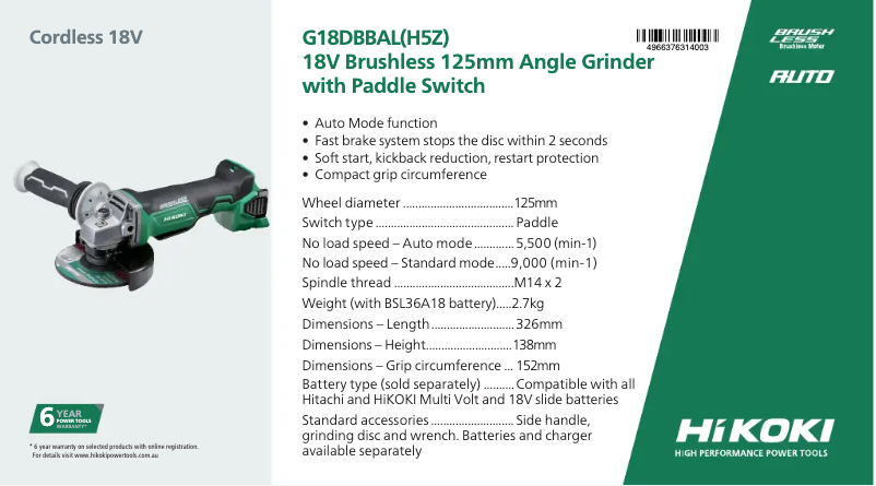 Page n°1 - Fiche technique HiKOKI G 18DBBAL