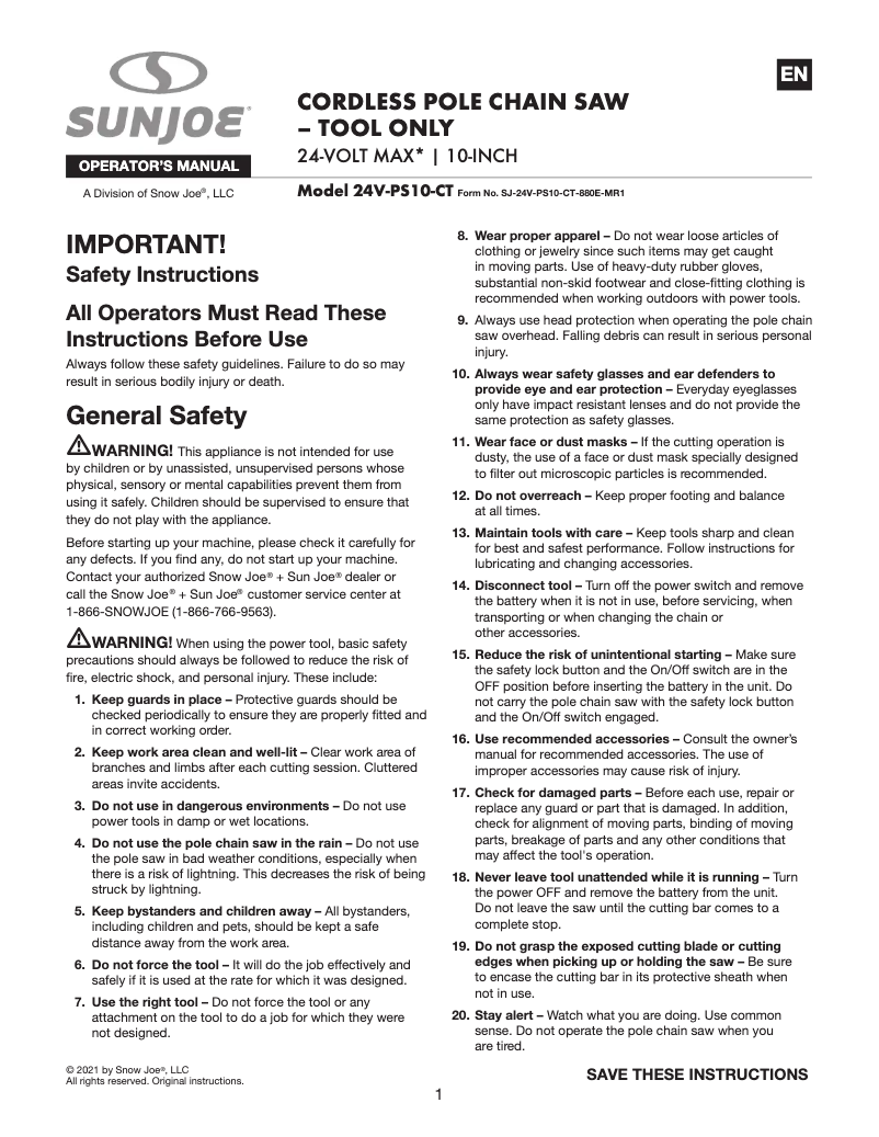 Page 1 de la notice Manuel utilisateur Sun Joe 24V-PS1