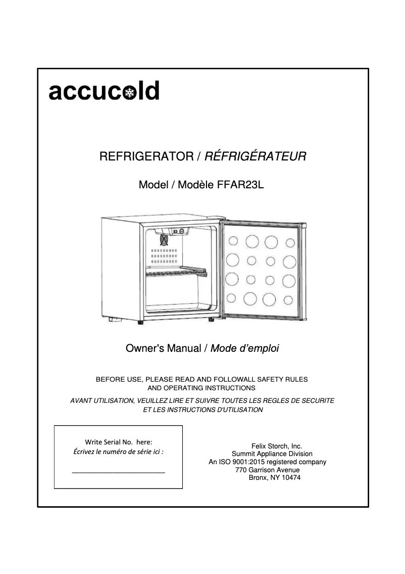 Page 1 de la notice Manuel utilisateur Accucold FFAR23L