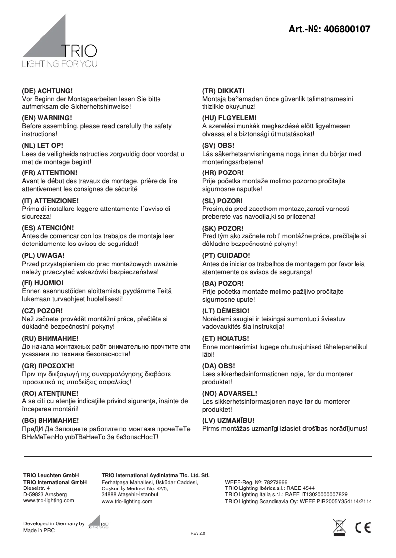 Page n°1 - Manuel utilisateur Trio Lighting Meran 406800107