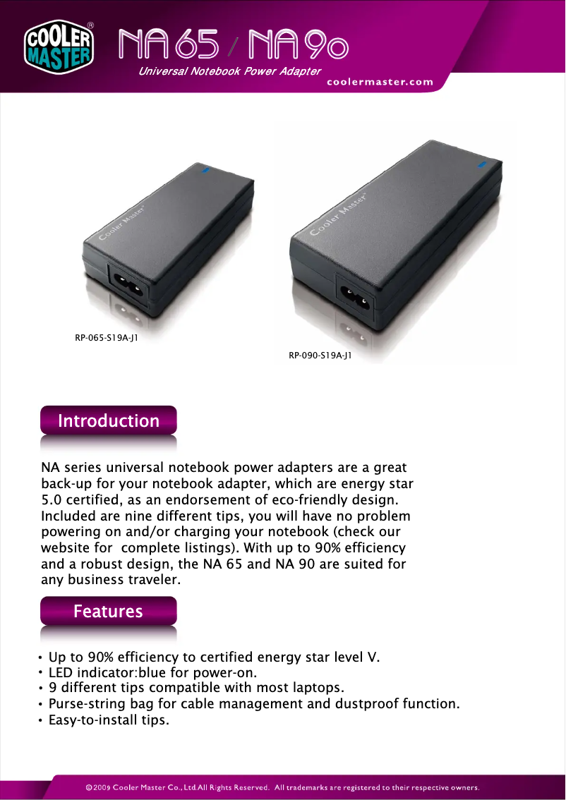 Page 1 de la notice Fiche technique Cooler Master NA 65