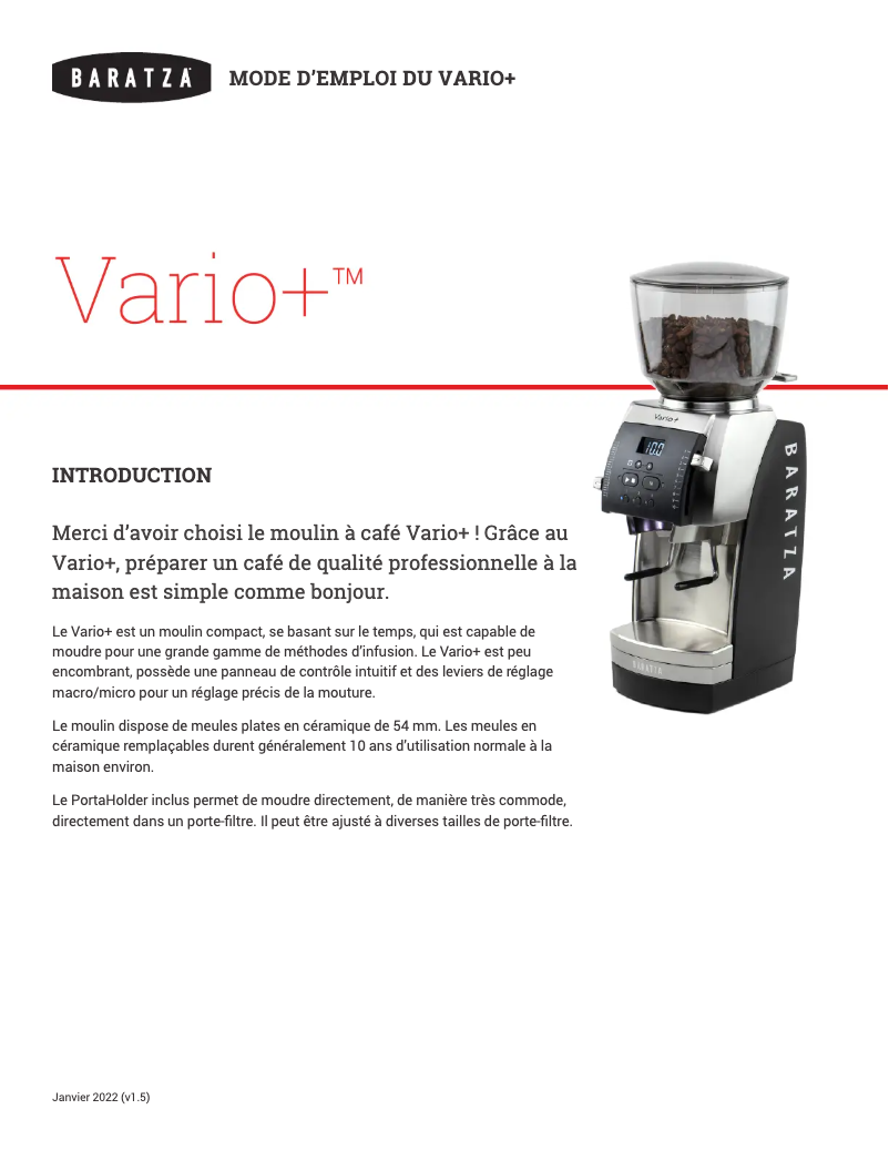 Page 1 de la notice Manuel utilisateur Baratza Vario+