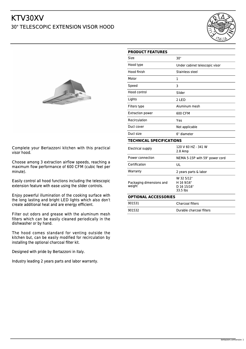 Page 1 de la notice Fiche technique Bertazzoni KTV30XV