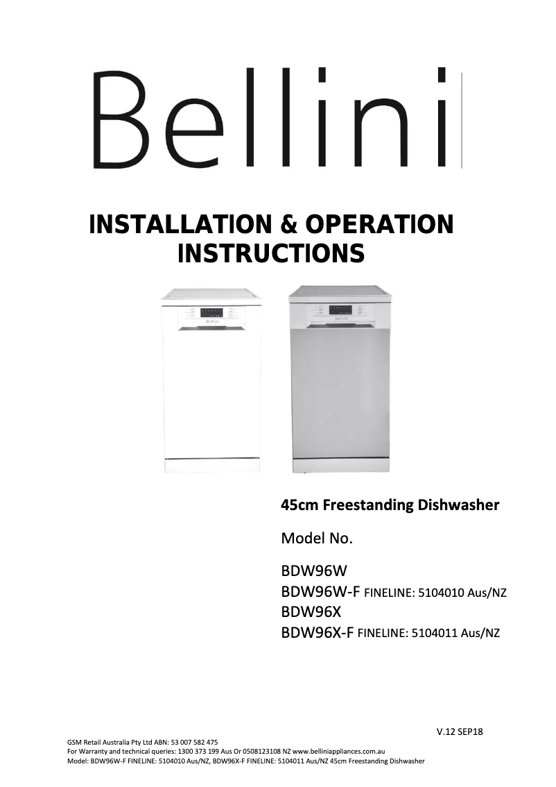 Page n°1 - Manuel utilisateur Bellini BDW96W-F