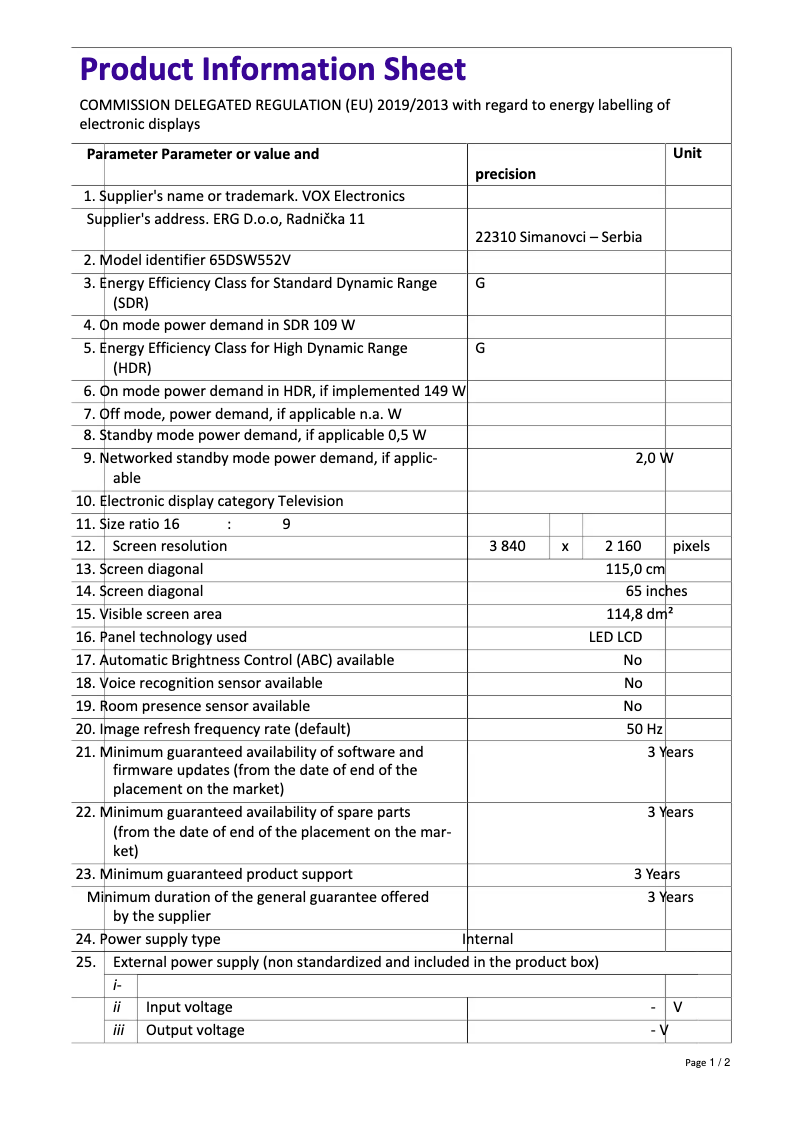 Page 1 de la notice Manuel utilisateur VOX 65DSW552V