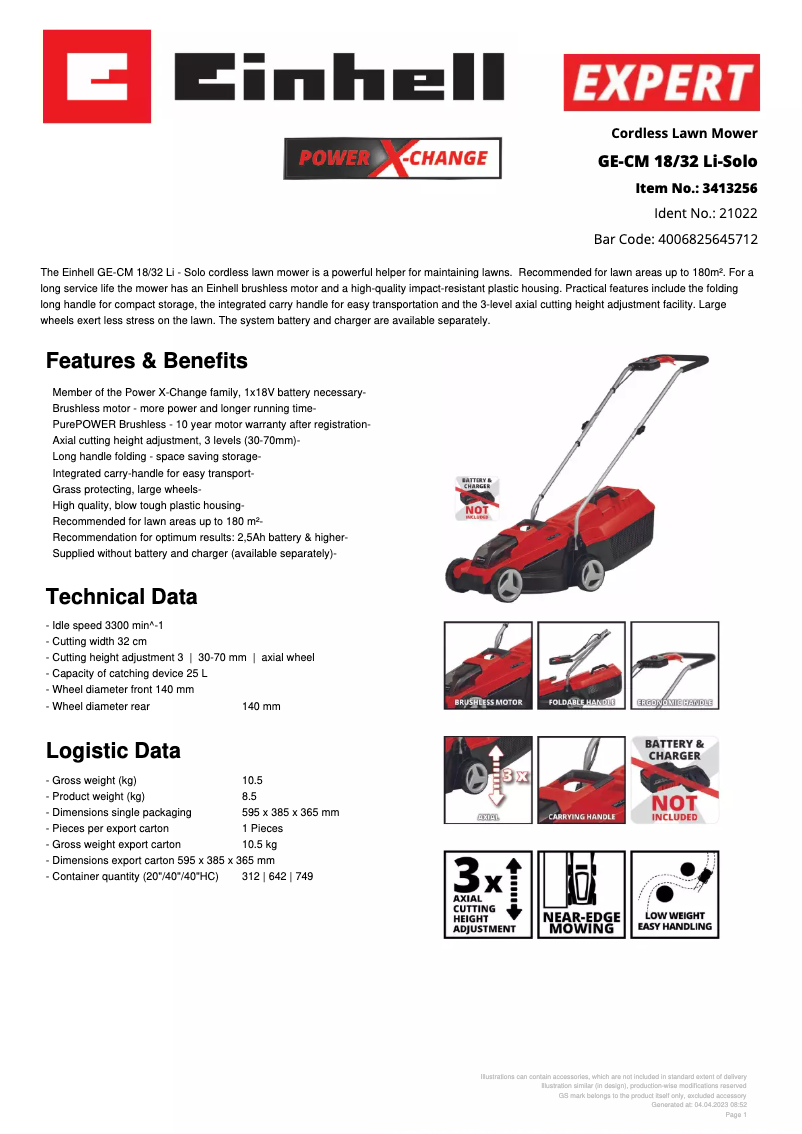 Page n°1 - Fiche technique Einhell GE-CM 18/32 Li