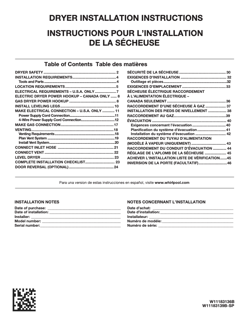 Page n°1 - Guide d'installation Maytag MED6630HC