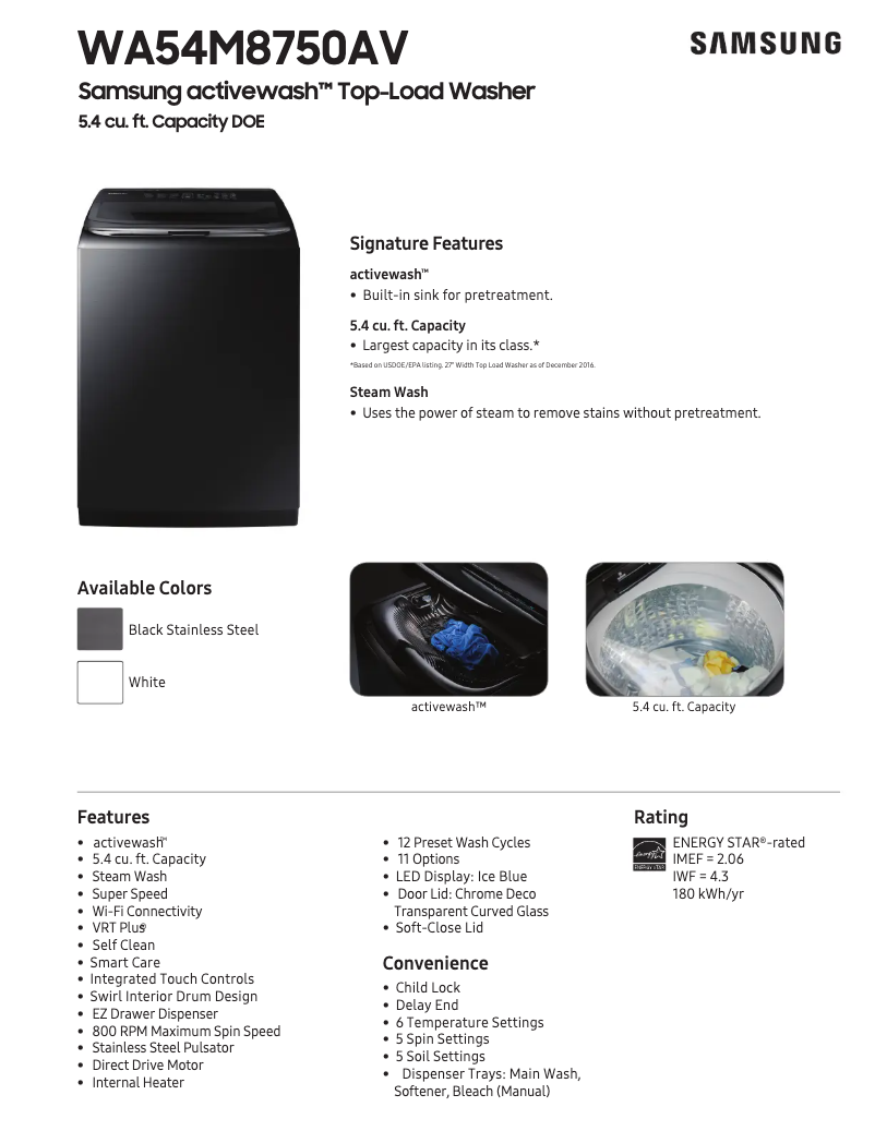 Page n°1 - Fiche technique Samsung WA54M8750A