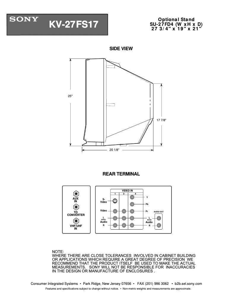 Page 1 de la notice Guide d'installation Sony KV-27FS17