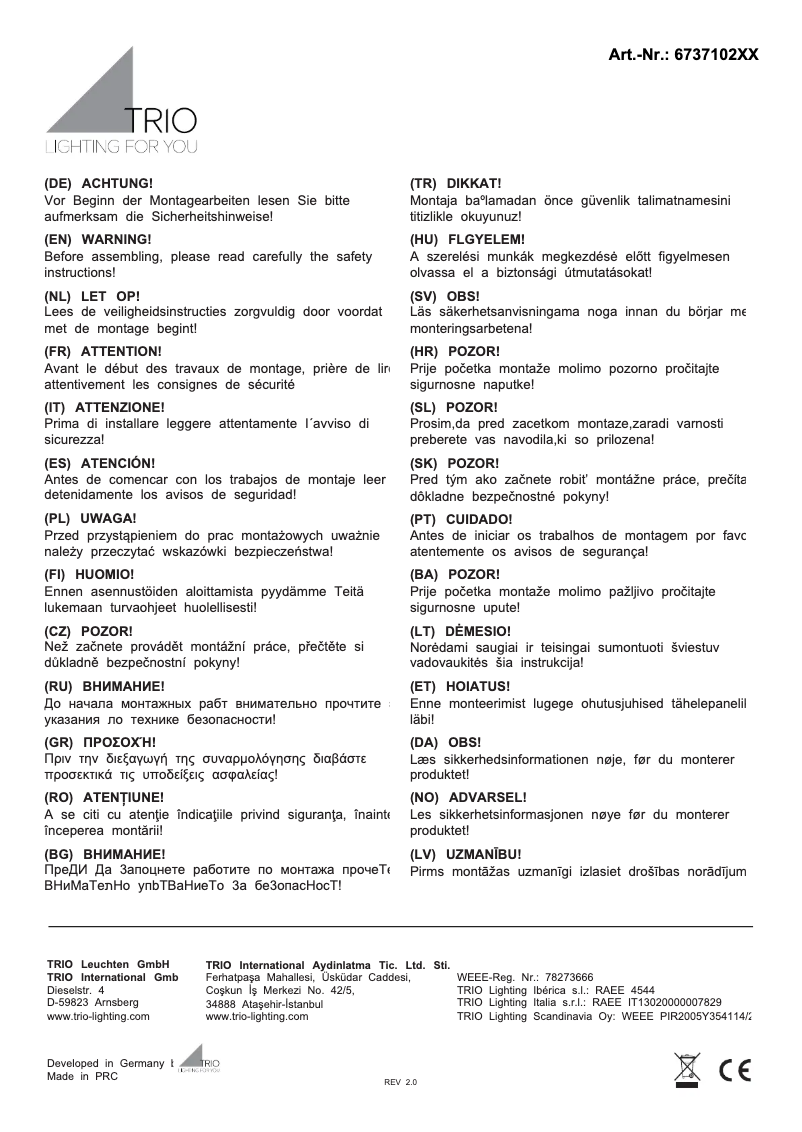 Page 1 de la notice Manuel utilisateur Trio Lighting Romulus 673710231