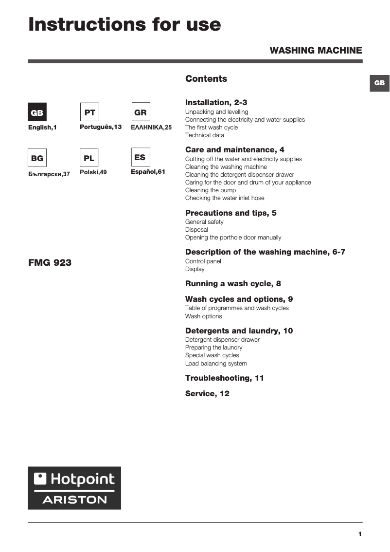 Page n°1 - Manuel utilisateur Hotpoint Ariston FMG 923B EU
