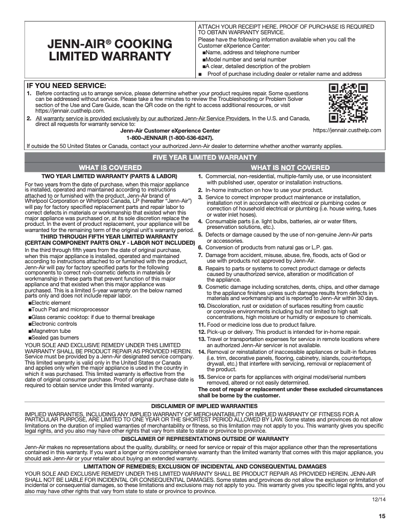 Page 1 de la notice Informations de garantie JennAir JED4430GS
