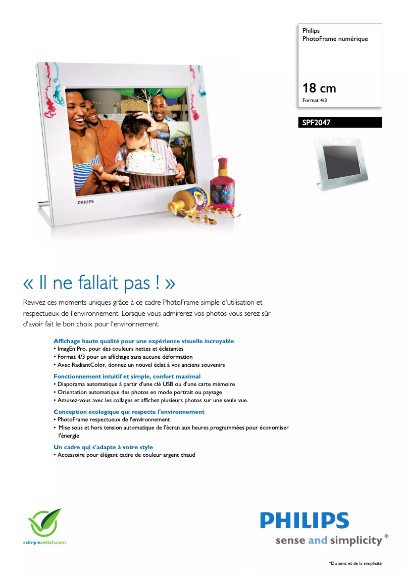 Page 1 de la notice Fiche technique Philips SPF2047