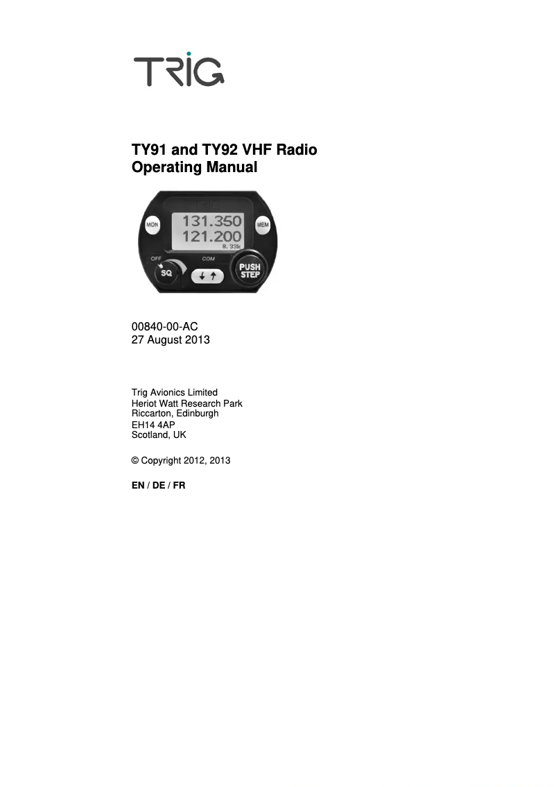 Page n°1 - Manuel utilisateur Trig Avionics TY91