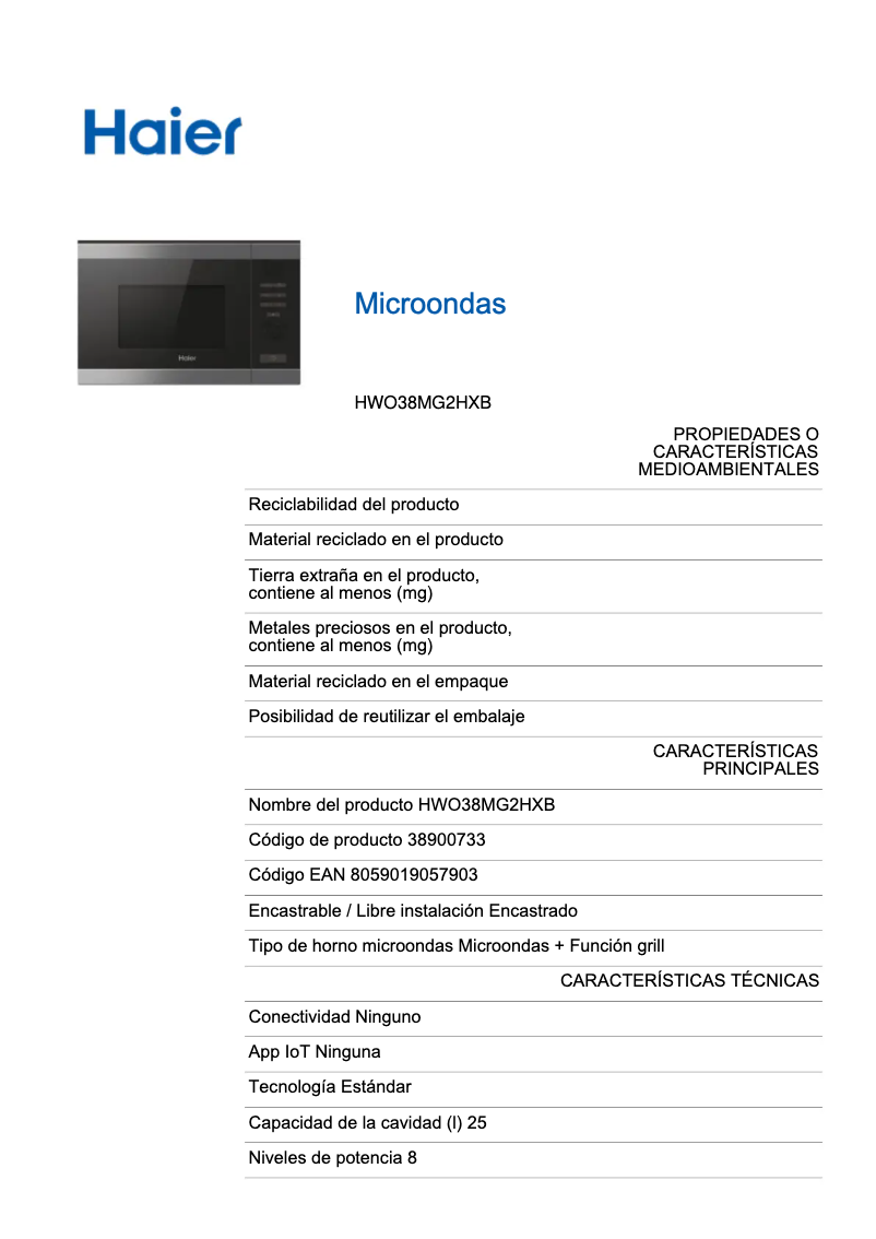 Image de la première page du manuel de l'appareil HWO38MG2HXB
