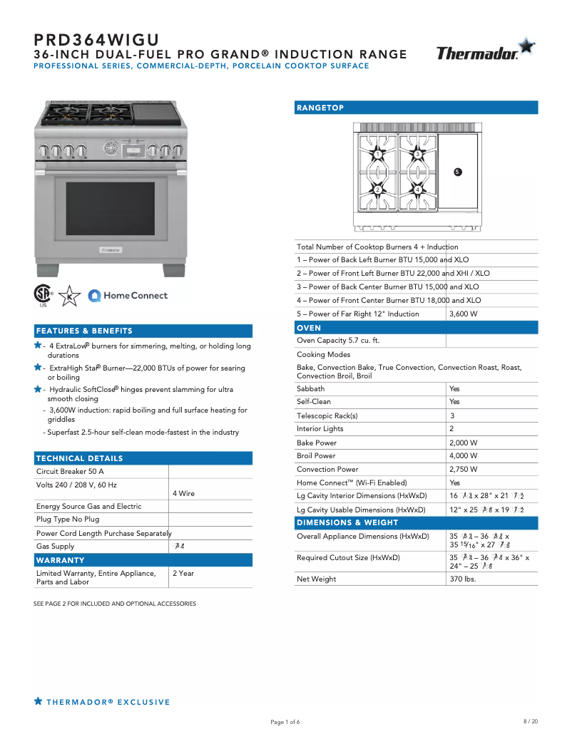 Page 1 de la notice Fiche technique Thermador PRD364WIGU