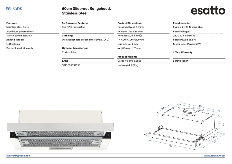 Page 1 de la notice Fiche technique Esatto ESL60DS