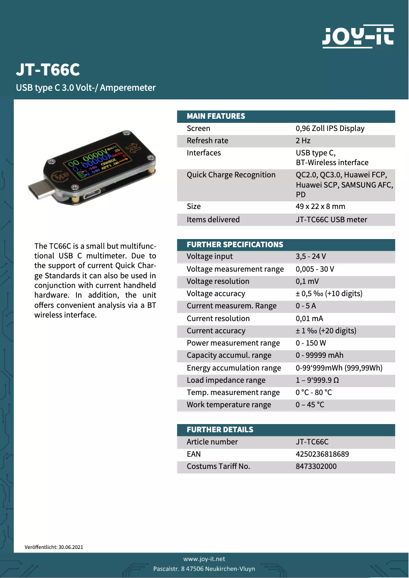 Page 1 de la notice Fiche technique Joy-It JT-TC66C