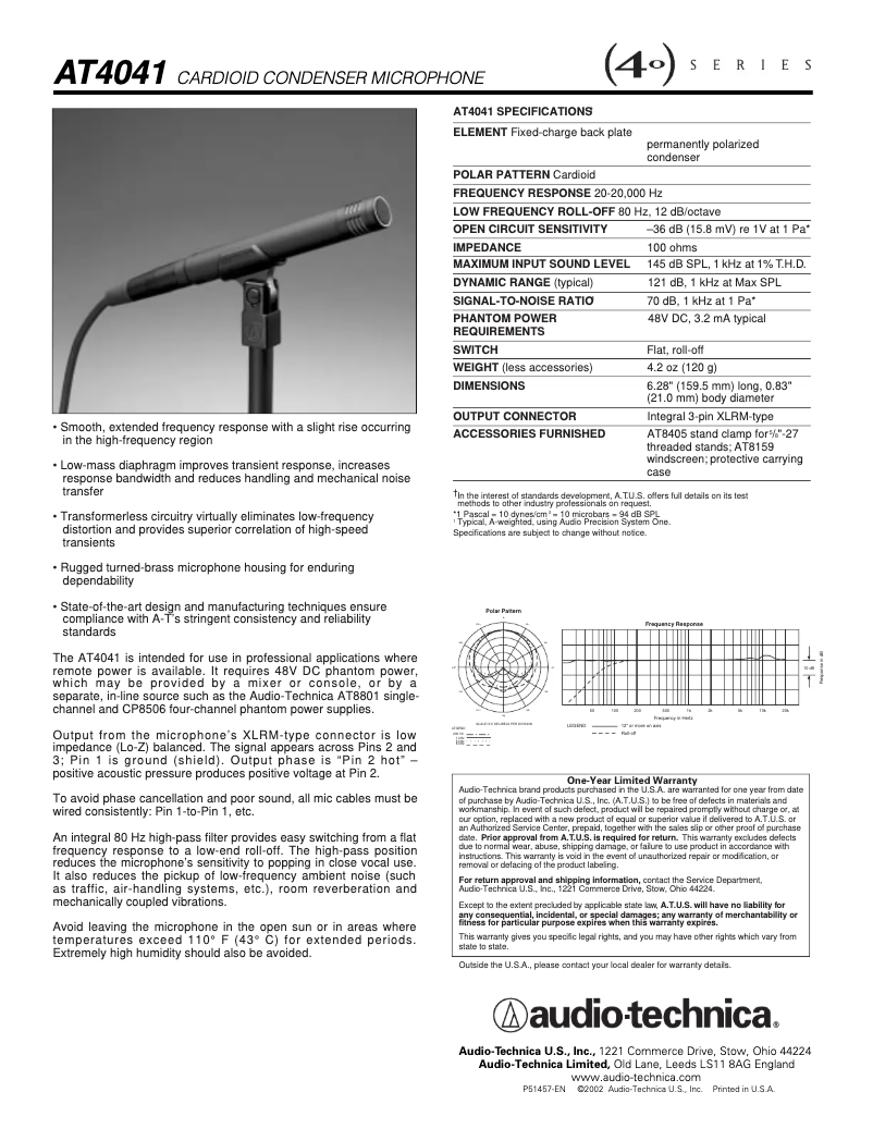 Page 1 de la notice Manuel utilisateur Audio-Technica AT4041