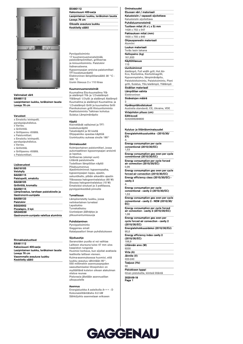 Page 1 de la notice Fiche technique Gaggenau BX480112