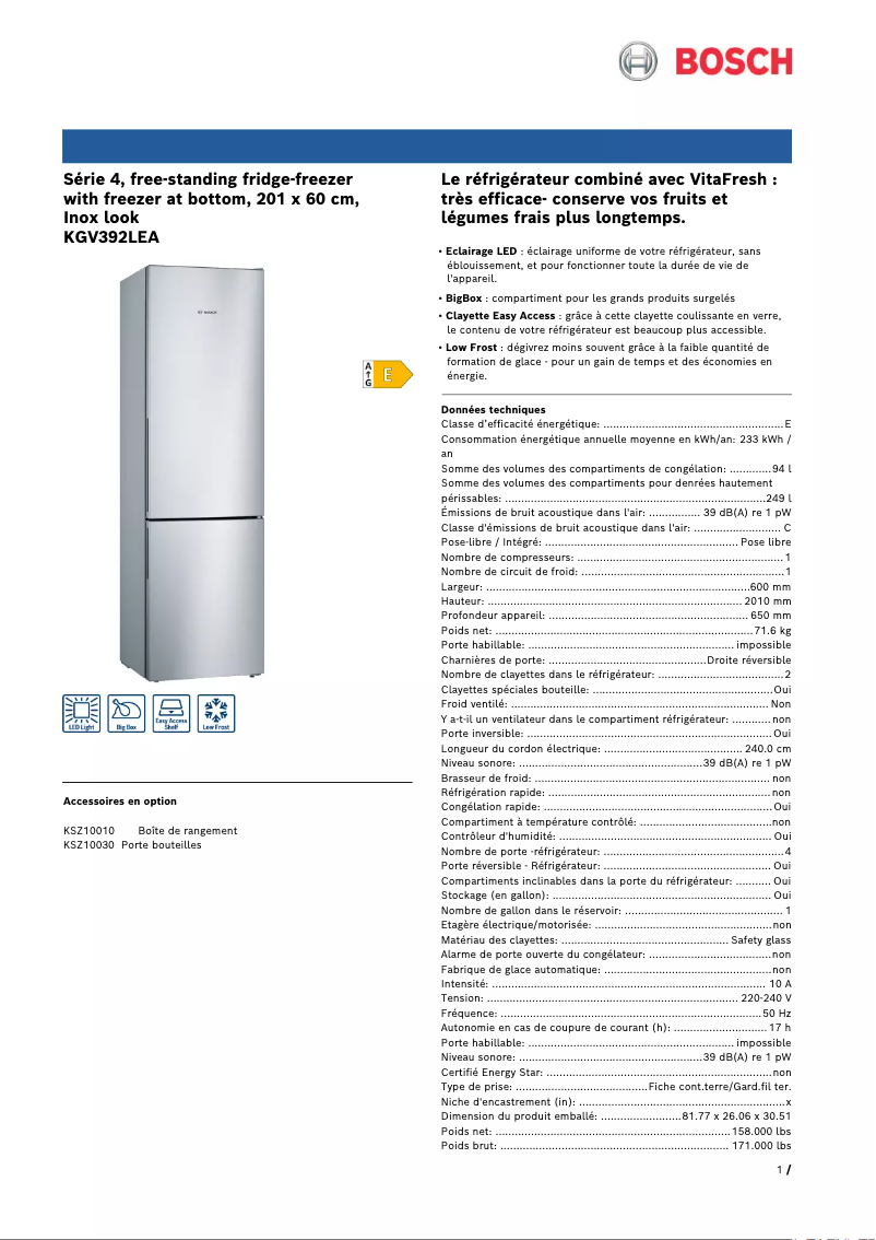 Page 1 of the manual Technical Sheet Bosch KGV392LEA