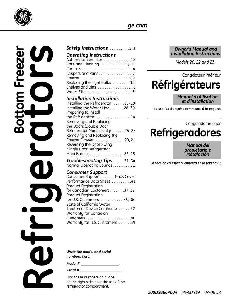 Page 1 de la notice Manuel d'utilisation et d'entretien GE GFSS2KEXSS