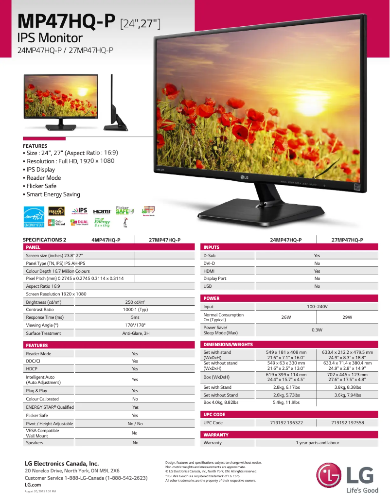 Página 1 del manual Ficha técnica LG 27MP47HQ