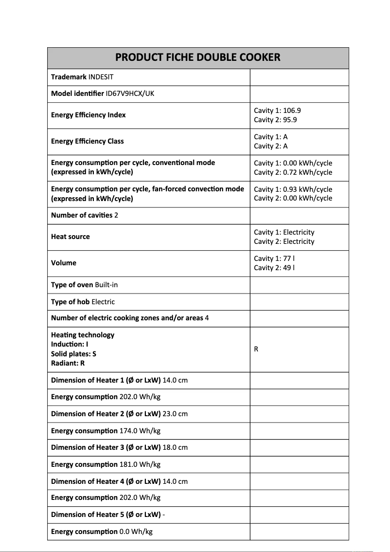 Page n°1 - Fiche technique Indesit ID67V9HCX