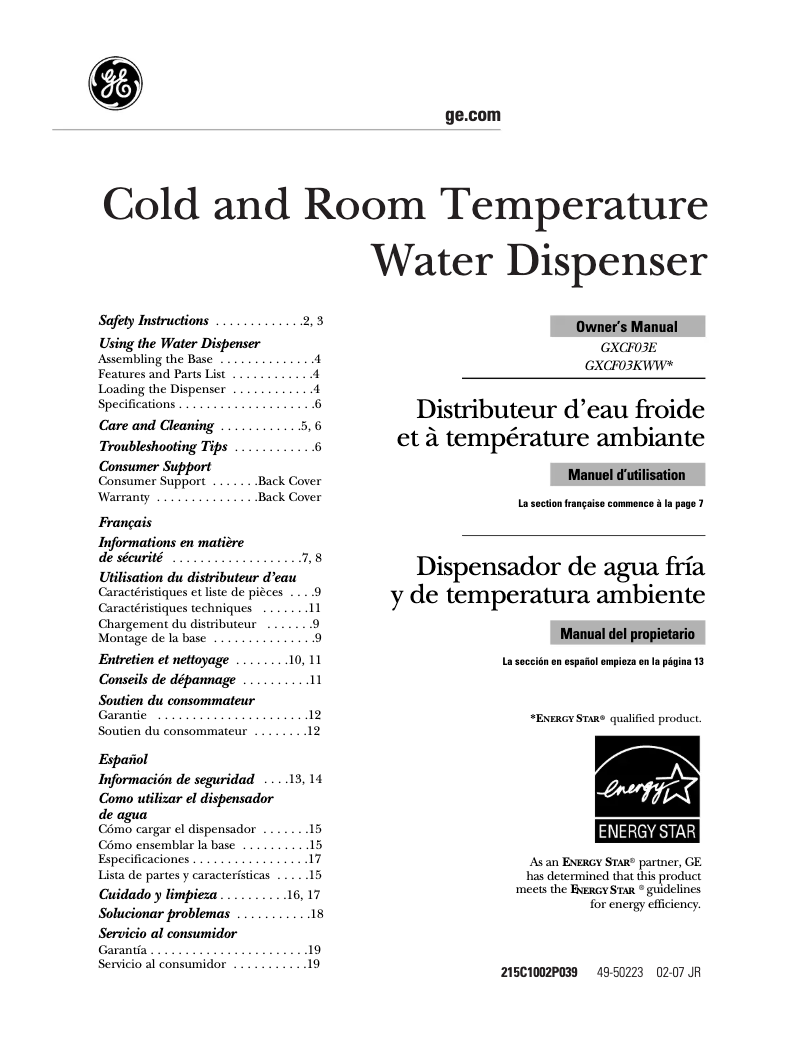 Page 1 de la notice Manuel utilisateur GE GXCF03KWW