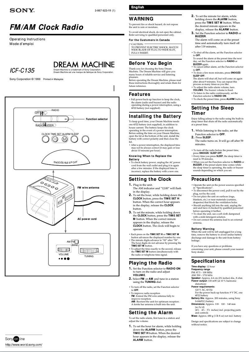 Page 1 de la notice Manuel utilisateur Sony ICF-C135