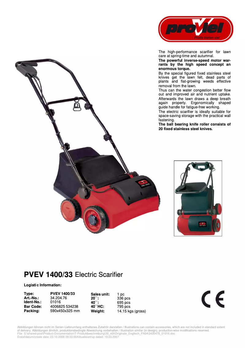 Page n°1 - Manuel utilisateur Proviel PVEV 1400/33