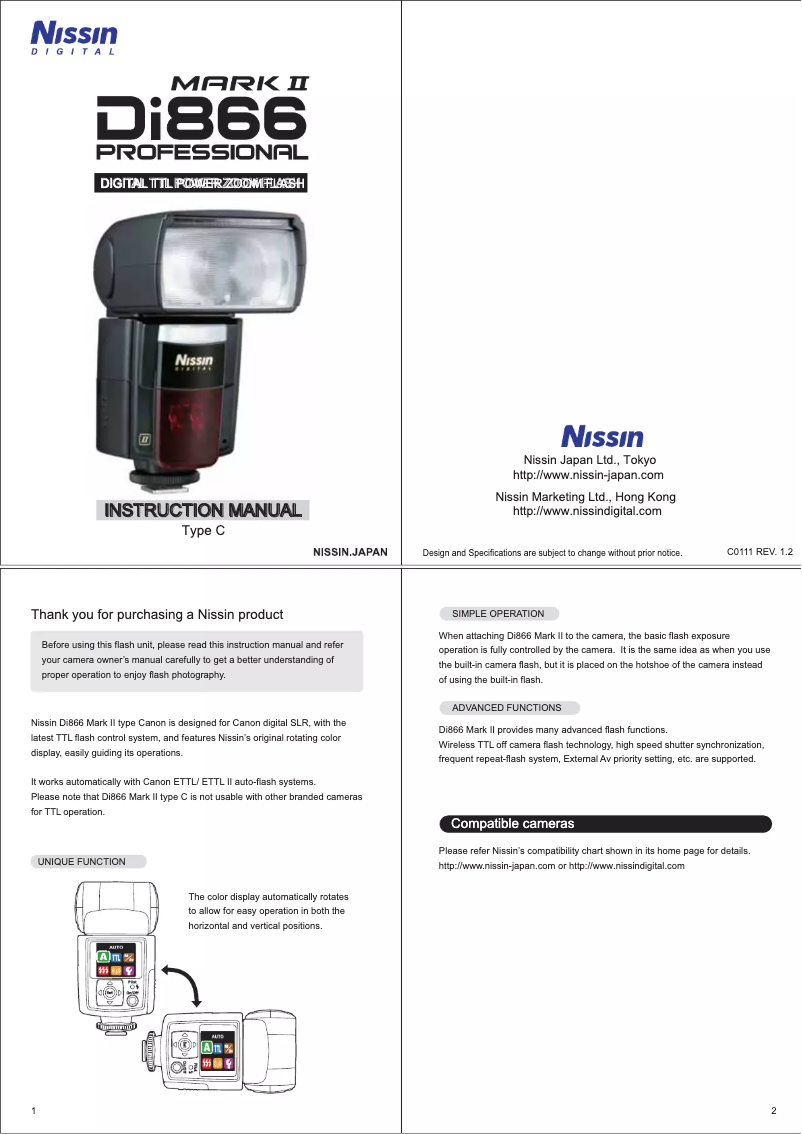 Page n°1 - Manuel utilisateur Nissin Di866 mark II (Canon)