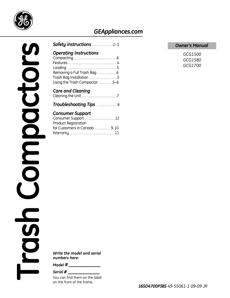Page 1 of the manual User Manual GE GCG1700