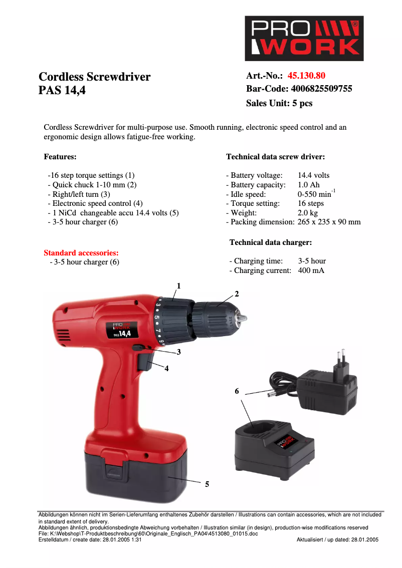 Page n°1 - Manuel utilisateur Prowork PAS 14,4